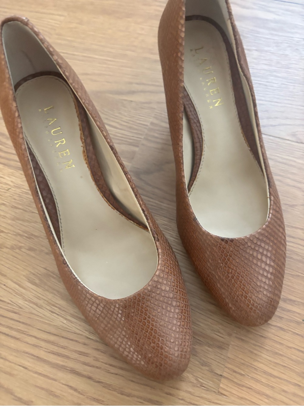Lauren Ralph Lauren Tan Snake-Embossed Pointed Toe Pumps